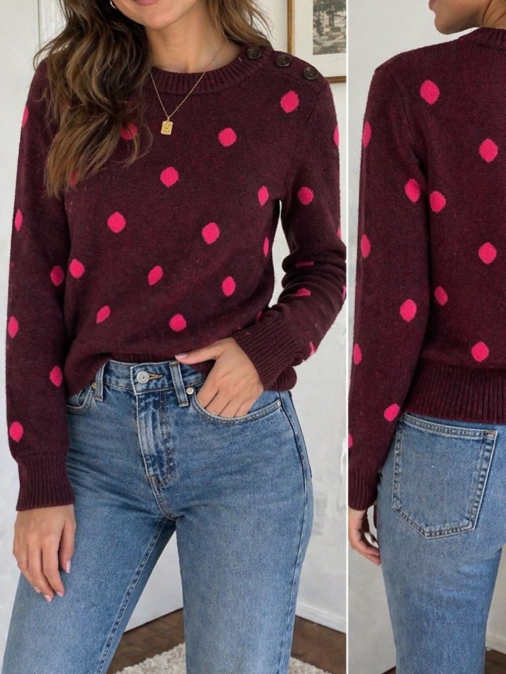 J.Crew Burgundy Polka Dot Sweater Size Small Merino Wool Blend Super Soft Yarn